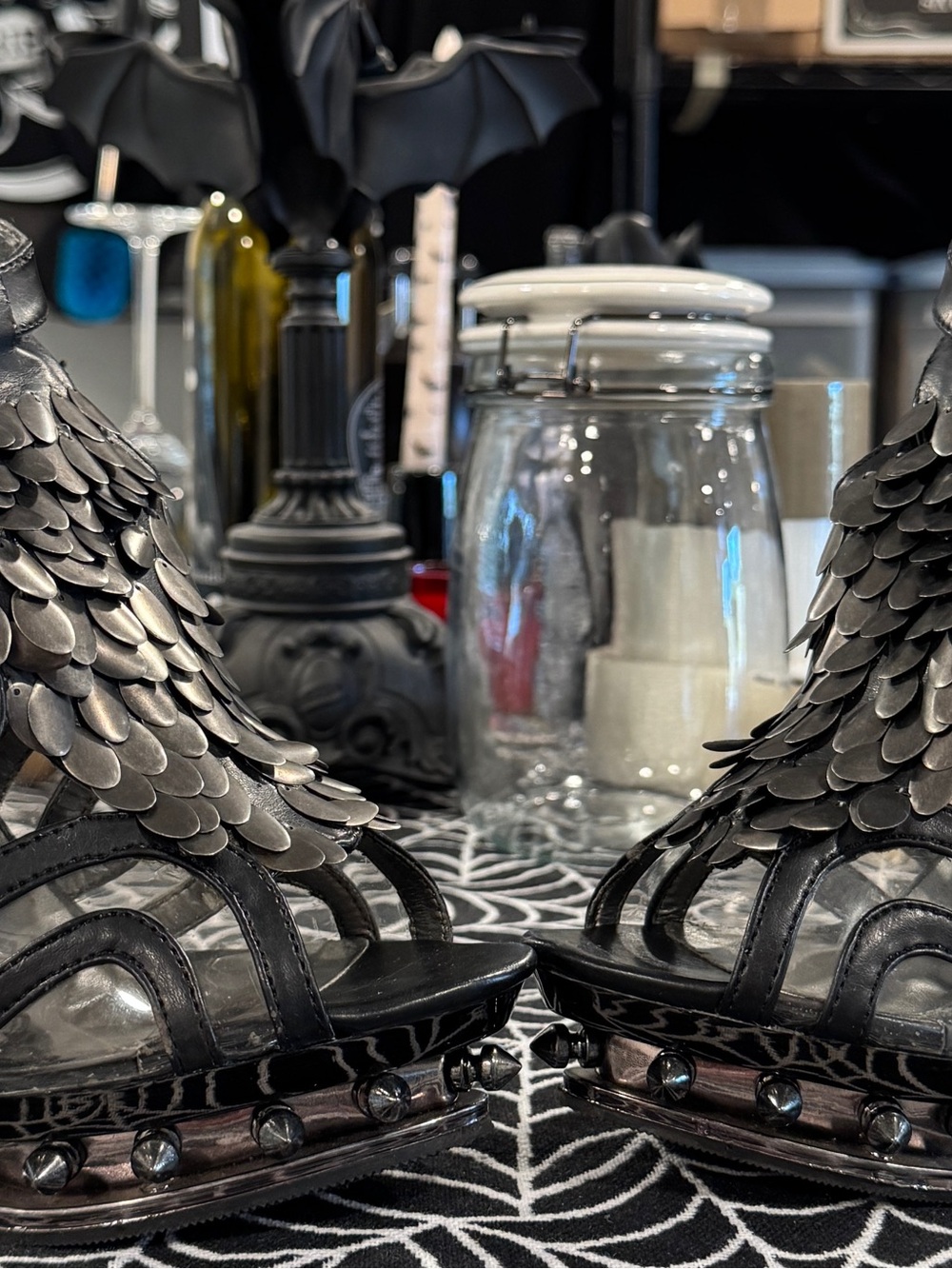 Black Scale-Embellished Strappy Platform Heels